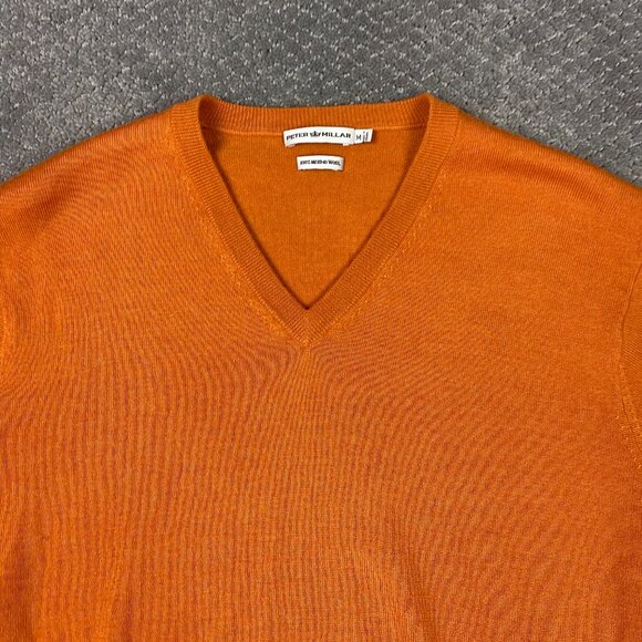 Peter Millar Sweater Men's Medium Orange Extra Fine Merino Wool Knit Golf V Neck - Picture 2 of 10